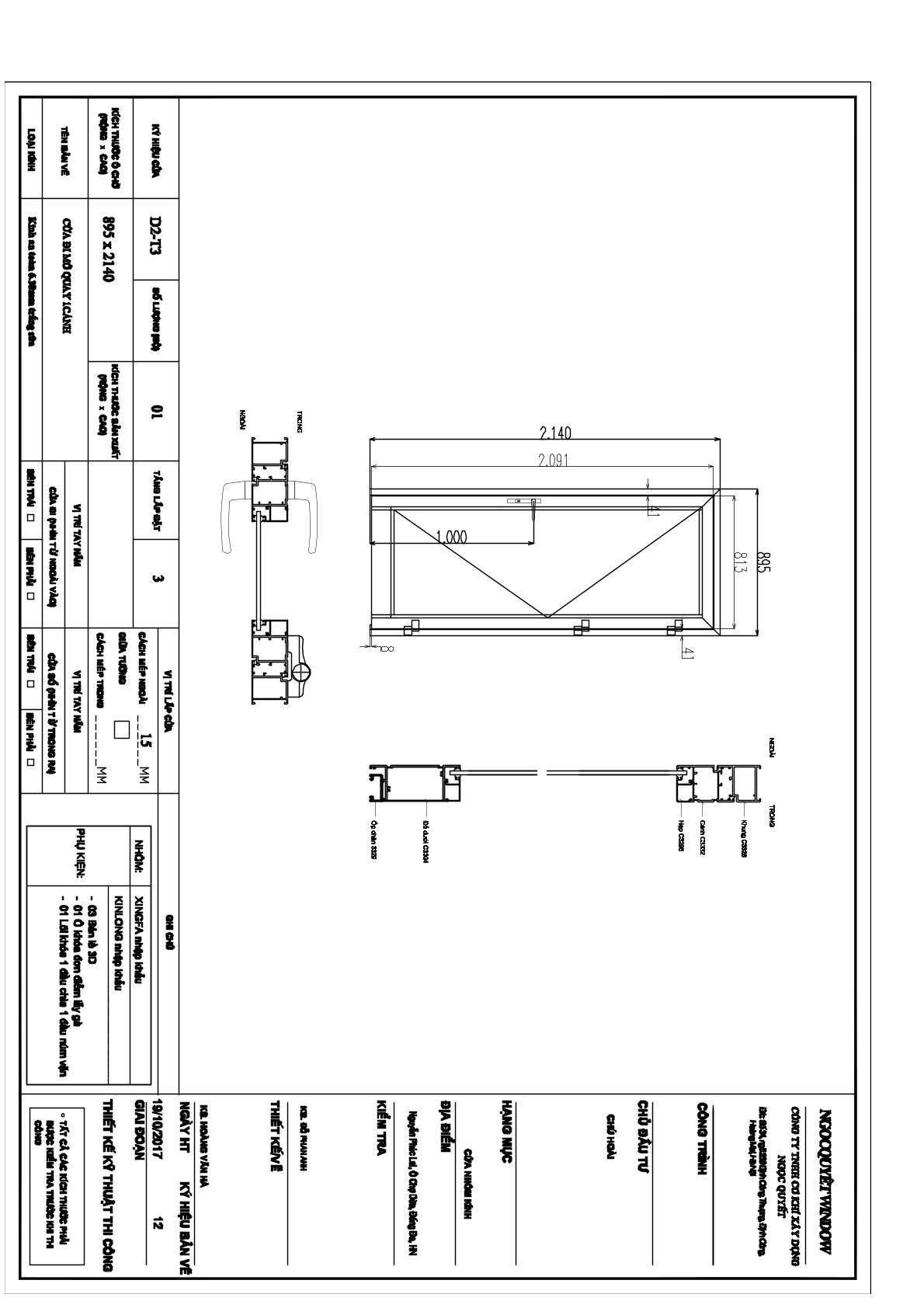 Bản vẽ kỹ thuật cửa sổ nhôm kính kích thước 2140 x 885 mm với chi tiết mặt cắt và phụ kiện